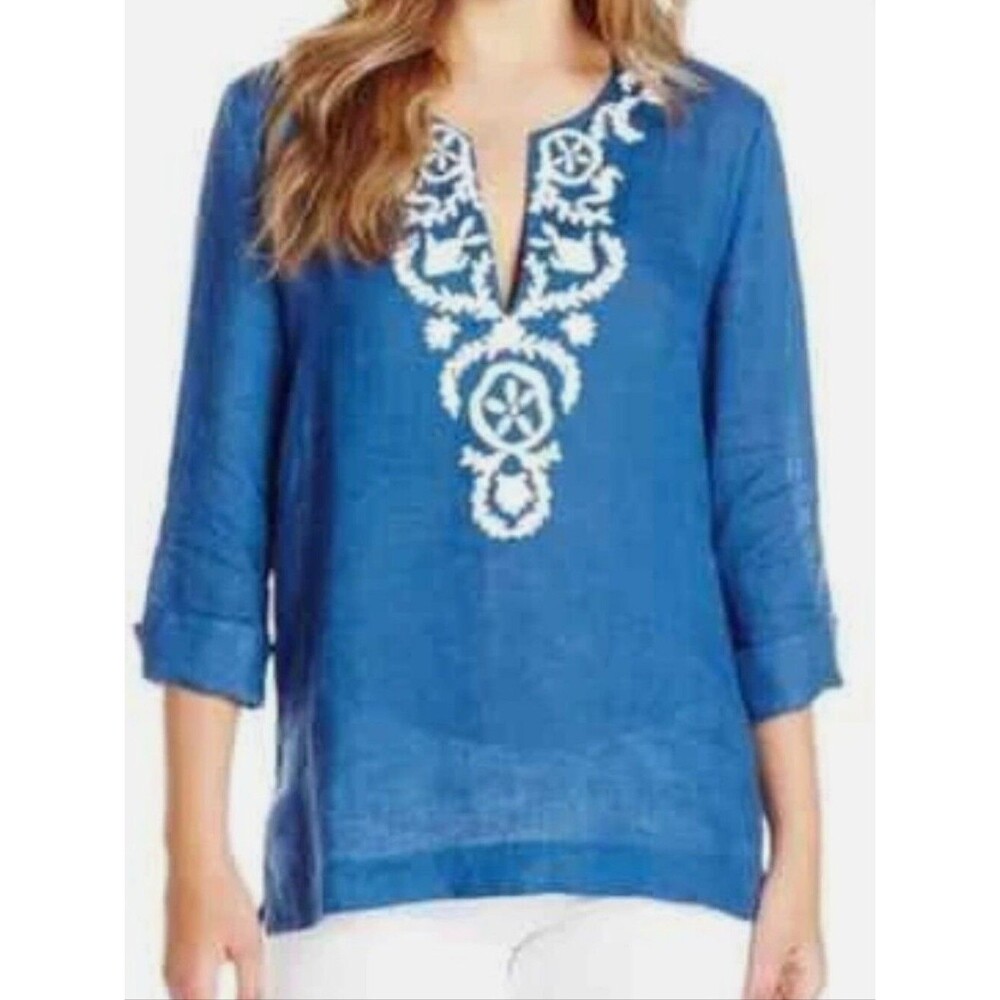 Lilly Pulitzer 100% Linen Navy Blue 3/4 Sleeve V-neck Tunic Blouse, M